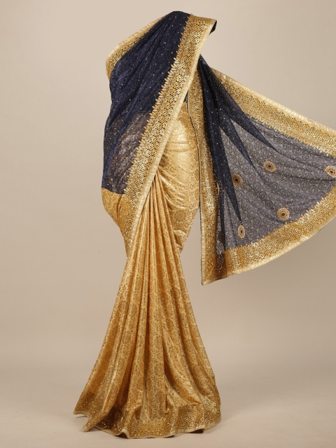 

Pothys Gold-Toned & Navy Blue Embellished Sequinned Satin Half and Half Saree
