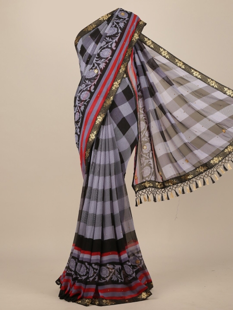 

Pothys Blue & Black Checked Embroidered Saree