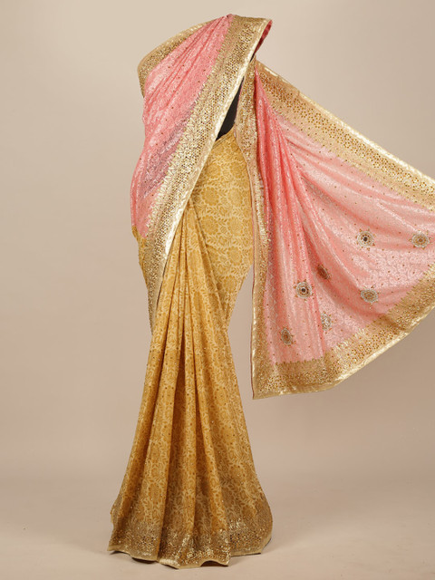 

Pothys Gold-Toned & Pink Embellished Net Saree