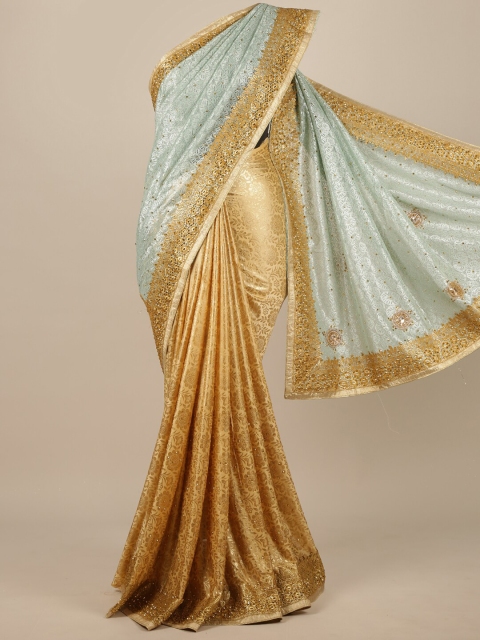 

Pothys Gold-Toned & Green Woven Design Zari Satin Half and Half Saree