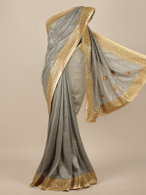 

Pothys Grey & Gold-Toned Woven Design Beads and Stones Satin Saree