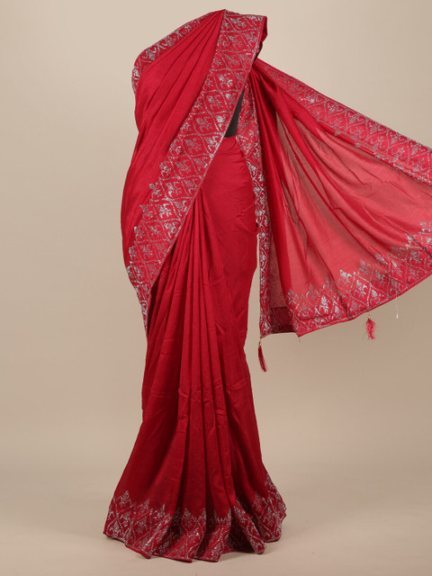 

Pothys Red Sequinned Jute Silk Saree