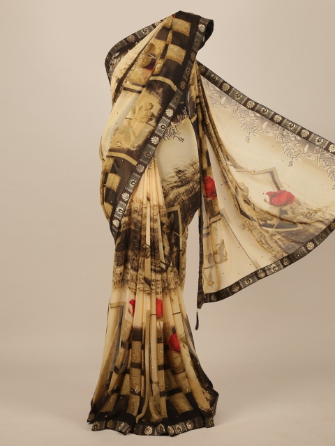 

Pothys Beige Floral Printed Poly Chiffon Saree
