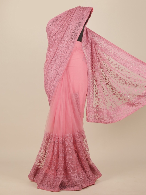 

Pothys Pink Ethnic Motifs Embroidered Net Heavy Work Saree