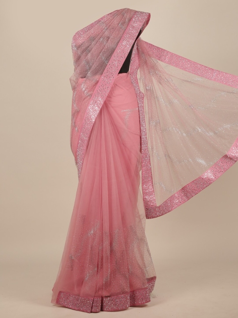

Pothys Pink Embellished Beads and Stones Net Heavy Work Saree