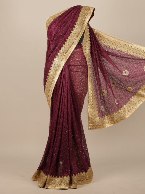 

Pothys Burgundy & Gold-Toned Woven Design Beads and Stones Net Saree