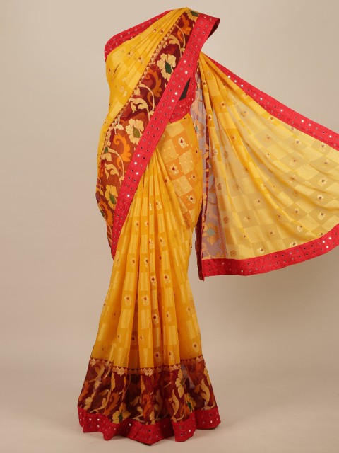 

Pothys Yellow & Red Floral Mirror Work Saree