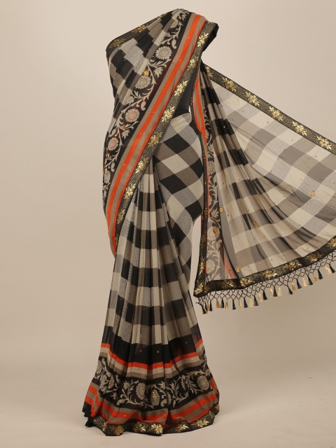 

Pothys Grey & Black Checked Poly Chiffon Saree