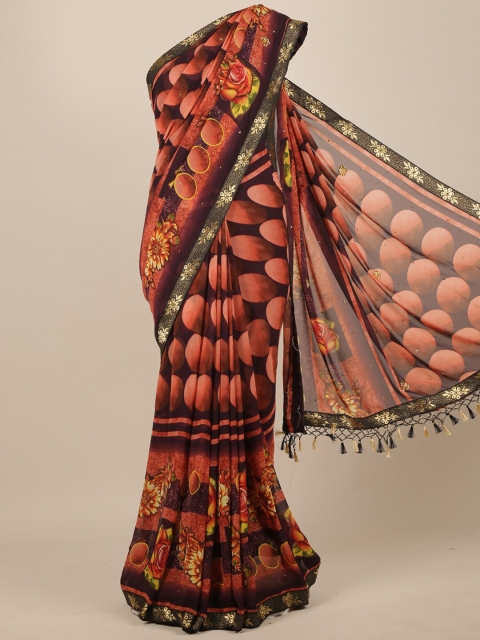 

Pothys Pink & Brown Floral Poly Chiffon Saree