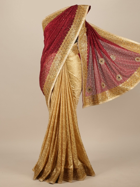 

Pothys Gold-Toned & Maroon Woven Design Zari Satin Half and Half Saree