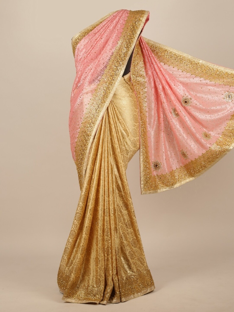 

Pothys Gold-Toned & Pink Floral Sequinned Satin Half and Half Saree