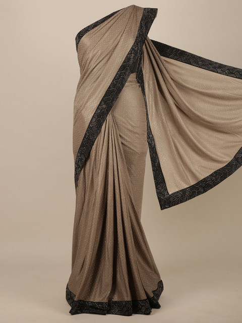 

Pothys Beige & Black Embellished Beads and Stones Satin Heavy Work Saree