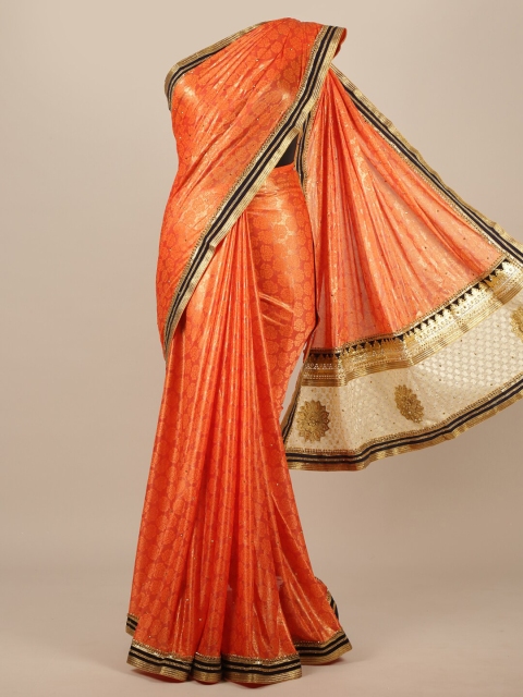 

Pothys Orange & Gold Floral Poly Chiffon Saree