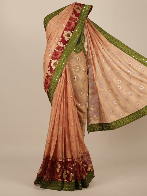 

Pothys Peach-Coloured & Green Floral Mirror Work Poly Chiffon Saree