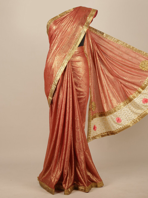 

Pothys Pink & Gold Floral Poly Chiffon Saree