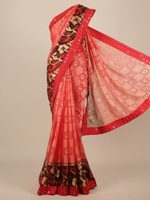 

Pothys Pink Floral Mirror Work Poly Chiffon Saree