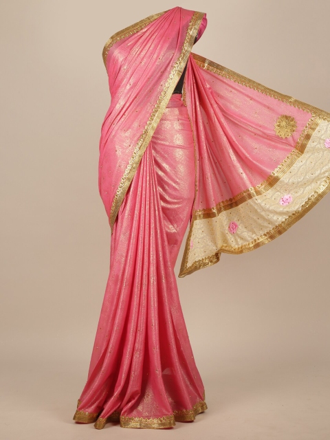 

Pothys Pink & Gold-Toned Woven Design Zardozi Saree