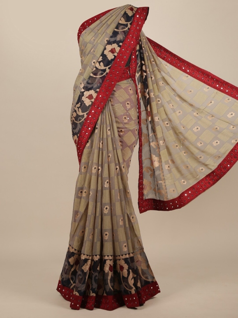 

Pothys Grey & Beige Woven Design Mirror Work Poly Chiffon Saree