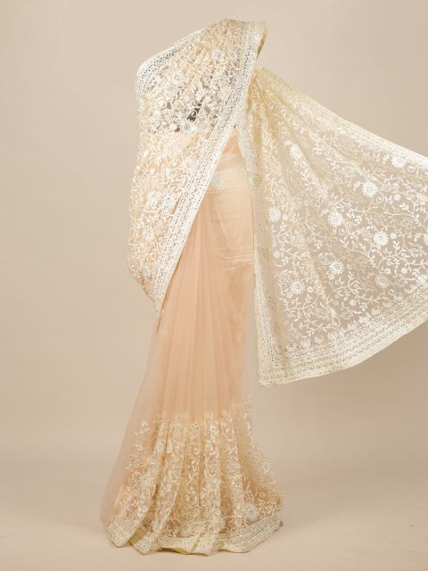 

Pothys Cream-Coloured Ethnic Motifs Embroidered Net Heavy Work Saree