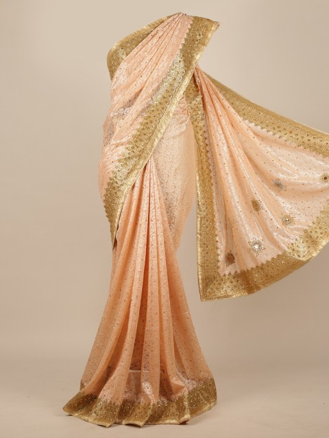 

Pothys Peach-Coloured Woven Design Zardozi Net Saree