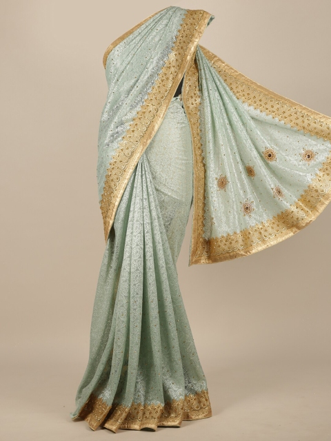 

Pothys Sea Green & Gold Woven Design Beads and Stones Satin Saree