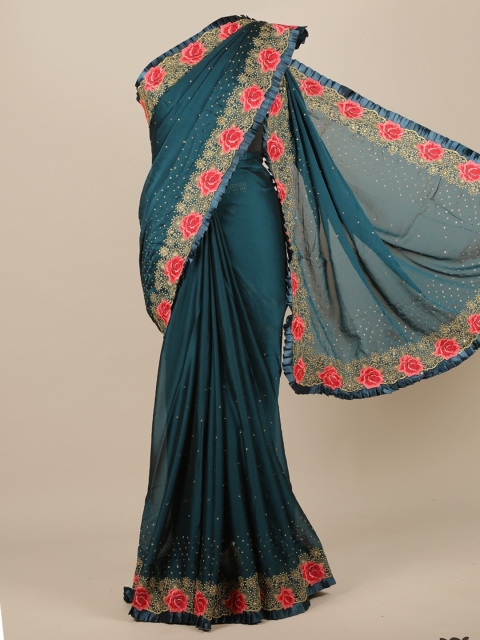 

Pothys Teal Embroidered Poly Chiffon Saree