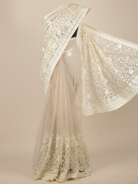 

Pothys Cream-Coloured Floral Embroidered Net Saree