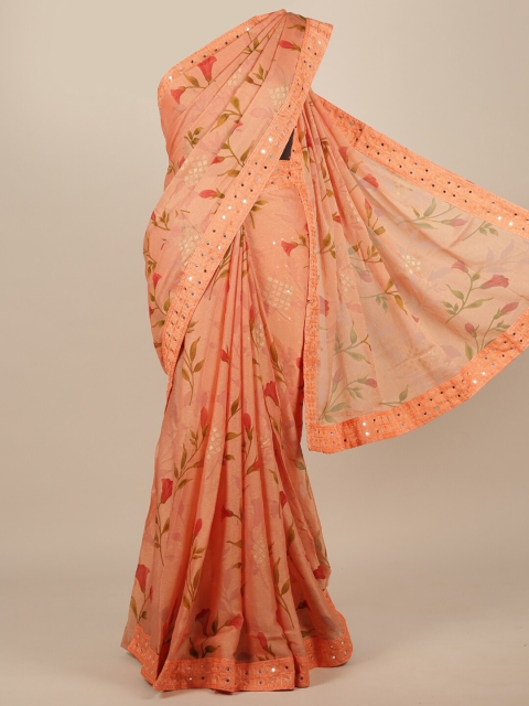 

Pothys Peach-Coloured Floral Mirror Work Poly Chiffon Saree