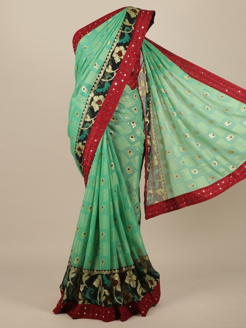 

Pothys Green & Red Floral Mirror Work Poly Chiffon Saree