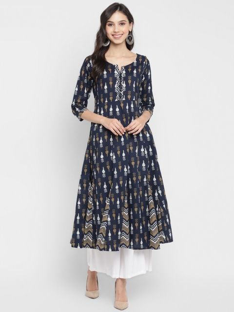 

ZOEYAMS Women Navy Blue & White Ethnic Motifs Printed Indie Prints Anarkali Kurta