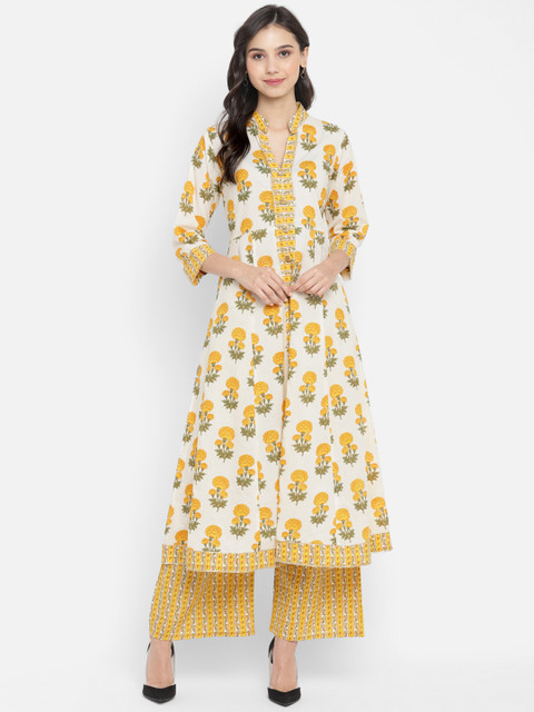 

ZOEYAMS Women White & Yellow Floral Printed Floral Kurta