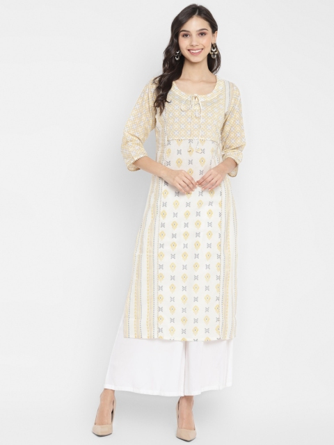 

ZOEYAMS Women Off White & Yellow Ethnic Motifs Printed Kurta