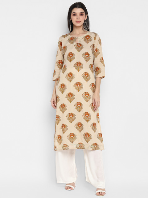 

ZOEYAMS Women Beige Ethnic Motifs Printed Keyhole Neck Kurta