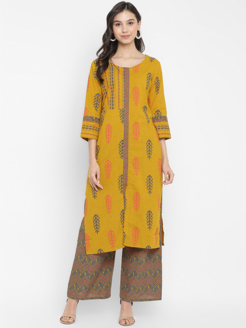 

ZOEYAMS Women Mustard Yellow & Grey Ethnic Motifs Printed Indie Prints Kurta