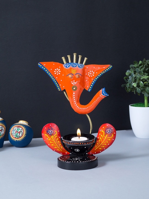 

Golden Peacock Orange & Black Handcrafted & Handpainted Ganesha Tea Light Candle Holder