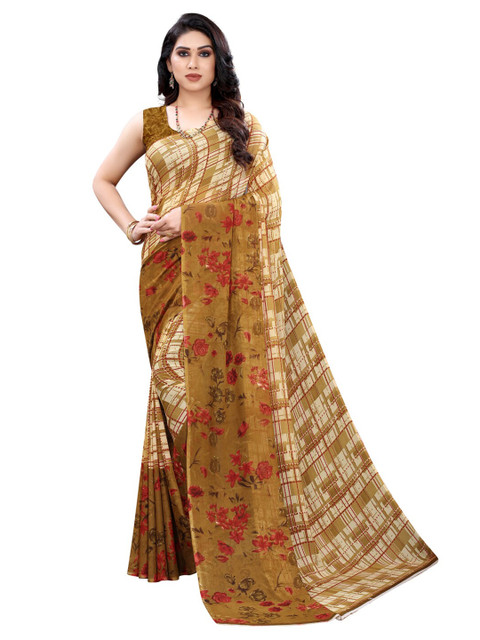 

KALINI Beige & Brown Floral Printed Pure Georgette Saree