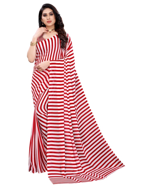 

Kalini Women Red and White Striped Georgette Saree With Blouse Piece