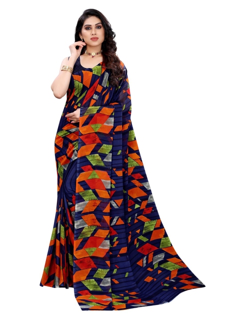 

KALINI Navy Blue & Orange Pure Georgette Saree