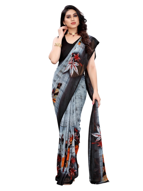 

KALINI Grey & Black Floral Pure Georgette Saree