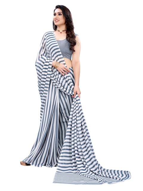 

KALINI Grey & White Striped Pure Georgette Saree