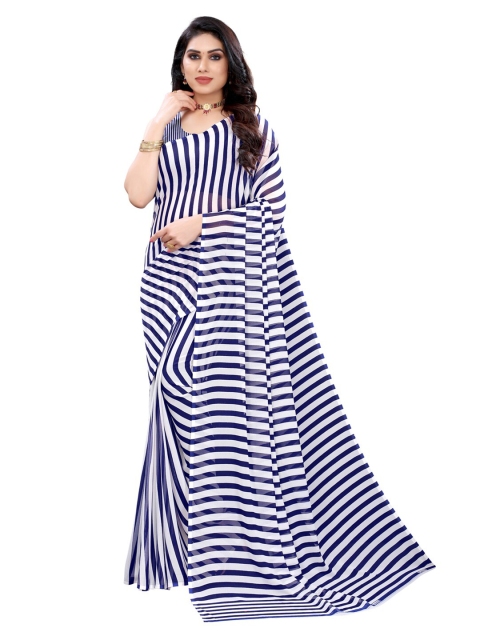 

Kalini Navy Blue and White Striped Georgette Saree With Blouse Piece