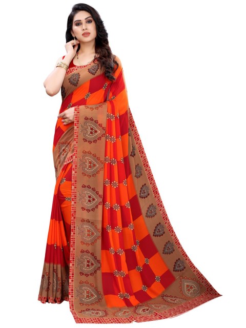 

KALINI Orange & Red Ethnic Motifs Printed Pure Georgette Saree