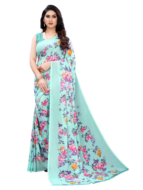 

KALINI Turquoise Blue & Pink Floral Printed Pure Georgette Saree