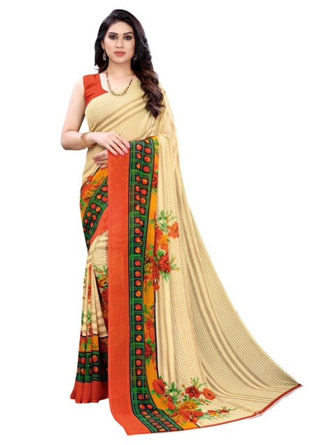 

KALINI Cream-Coloured & Orange Floral Pure Georgette Saree