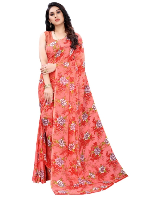 

KALINI Peach-Coloured Floral Pure Georgette Saree