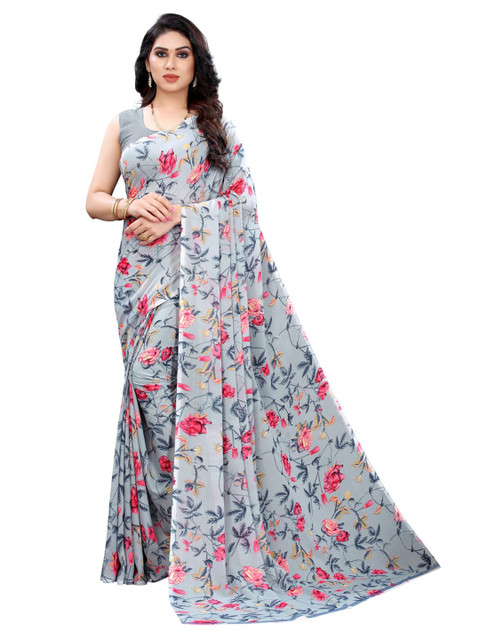 

Kalini Grey & Pink Floral Printed Georgette Saree