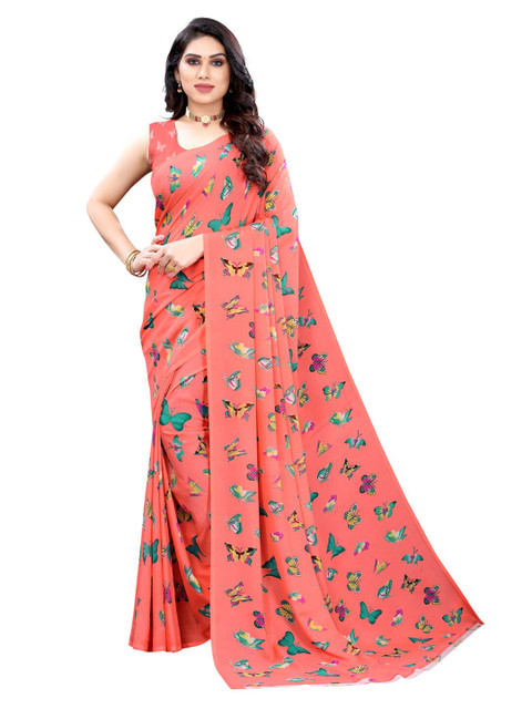 

KALINI Peach-Coloured & Green Butterfly Pure Georgette Saree