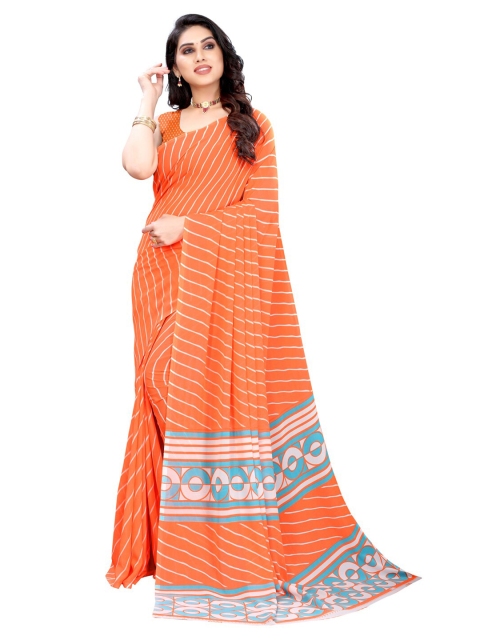 

KALINI Orange & White Striped Pure Georgette Saree