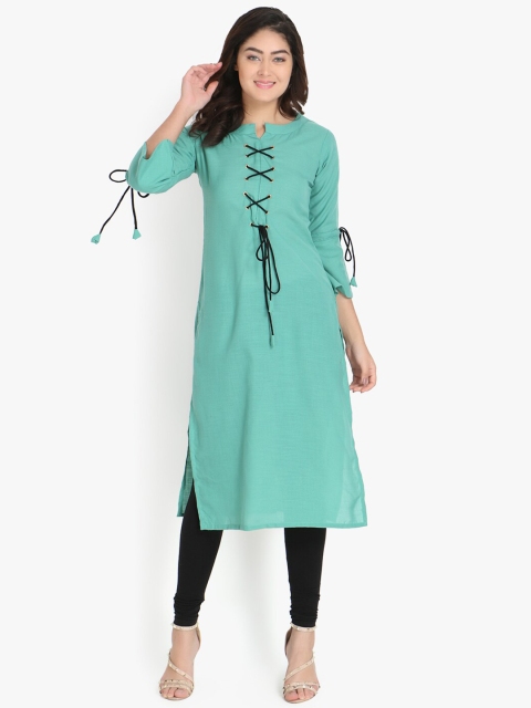 

OM SAI LATEST CREATION Women Turquoise Blue Yoke Design Flared Sleeves Straight Kurta