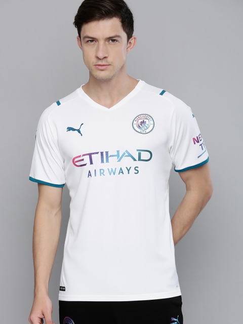 

Puma Men White & Blue Brand Logo Manchester City Printed V-Neck Applique Dry Cell T-shirt